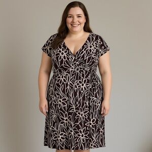 Women’s V-Neck Side Tie Knee Length Flower Dress Brown White Plus Size 14 XL